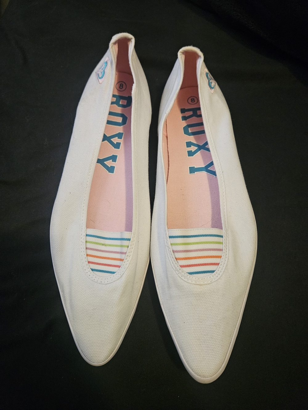 Roxy White Canvas Slip-On Flats with Pink Insole and Rainbow Stripe